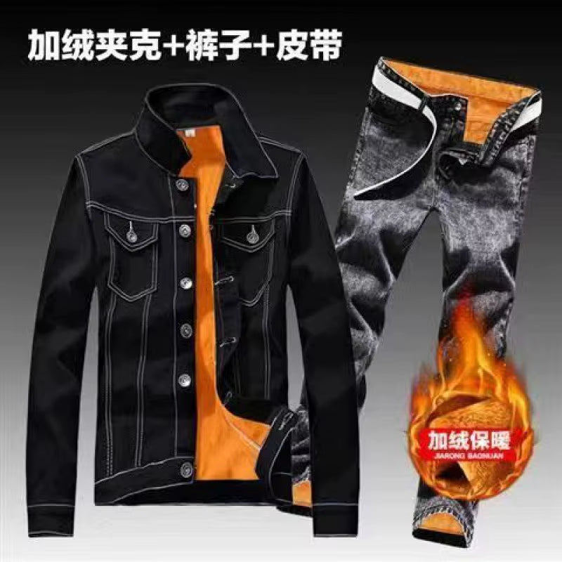 Autumn Winter Men'S Jeans Sets Simple Blue Long Sleeve Fleece Jacket and Jeans Two Piece Casual Denim Suit Free Send Belt