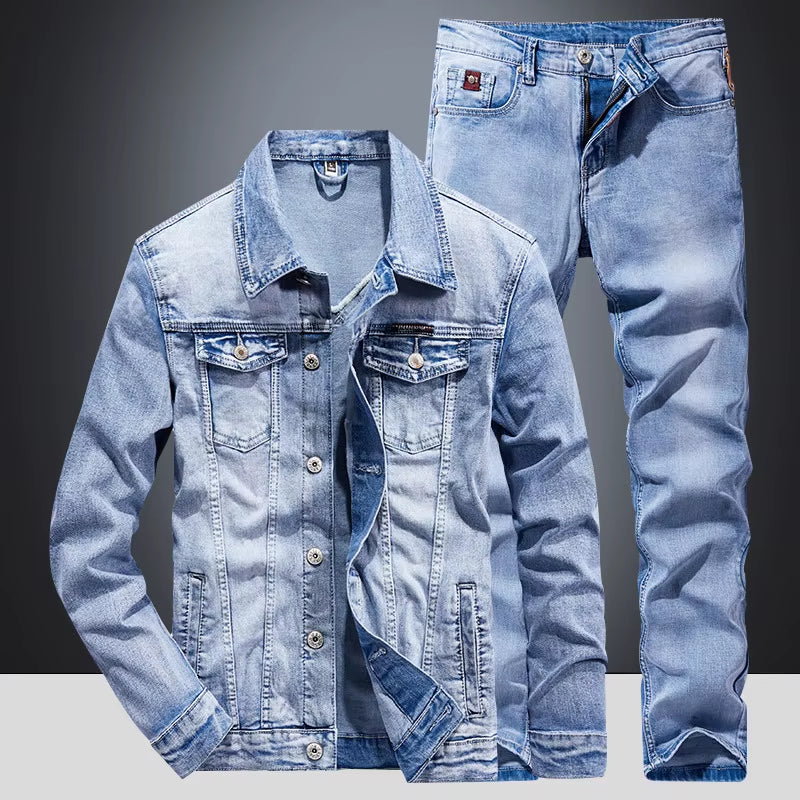 Spring Autumn Denim Suit Men'S Slim Micro-Stretch Two-Piece Spring and Autumn Jacket Jeans