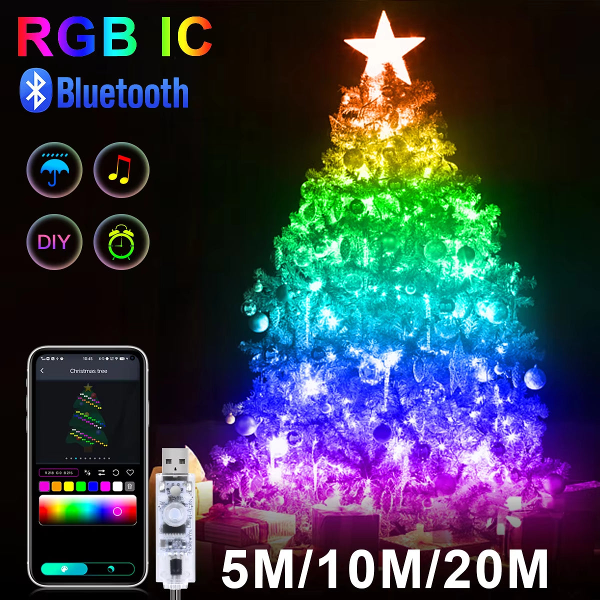 Transform Your Holiday Decor with 10M/20M USB Christmas Tree LED String Lights - Smart Bluetooth App Control & Dazzling RGBIC Colors!