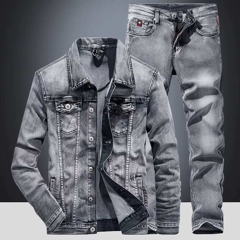 Spring Autumn Denim Suit Men'S Slim Micro-Stretch Two-Piece Spring and Autumn Jacket Jeans