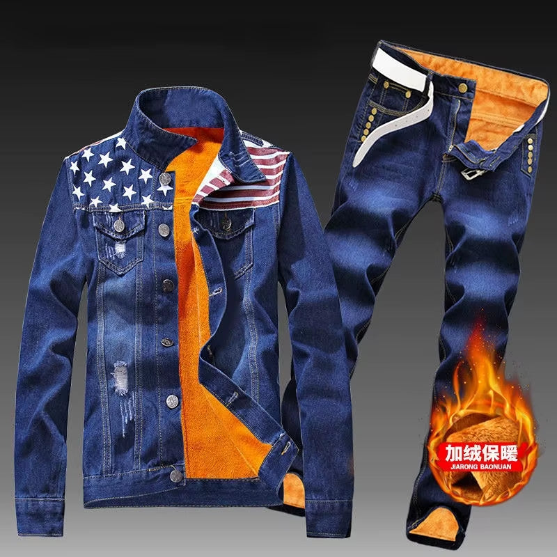 Autumn Winter Men'S Jeans Sets Simple Blue Long Sleeve Fleece Jacket and Jeans Two Piece Casual Denim Suit Free Send Belt