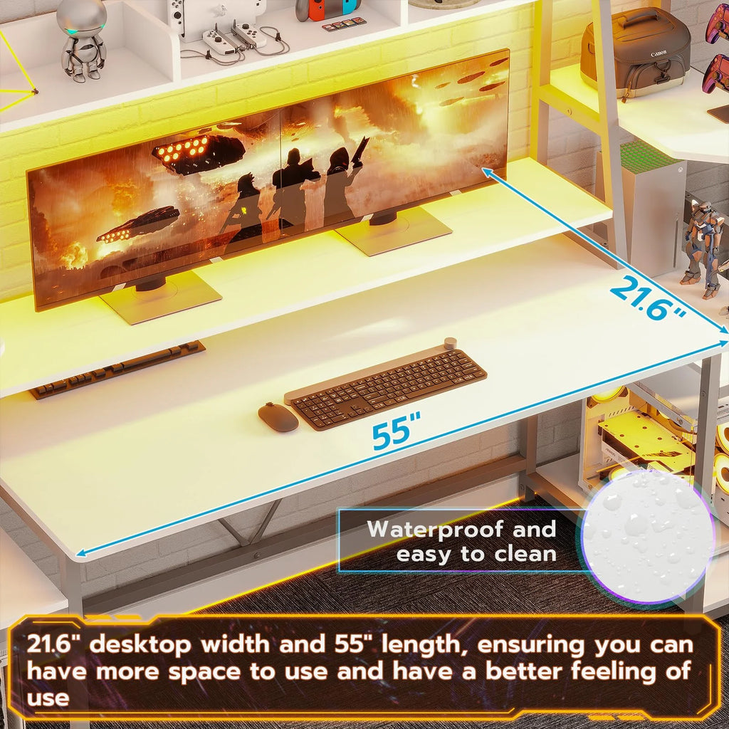 Elevate Your Gaming Experience with the 78.8 Inches White Gaming Desk - Complete with LED Lights, Hutch, and Spacious Storage Shelves