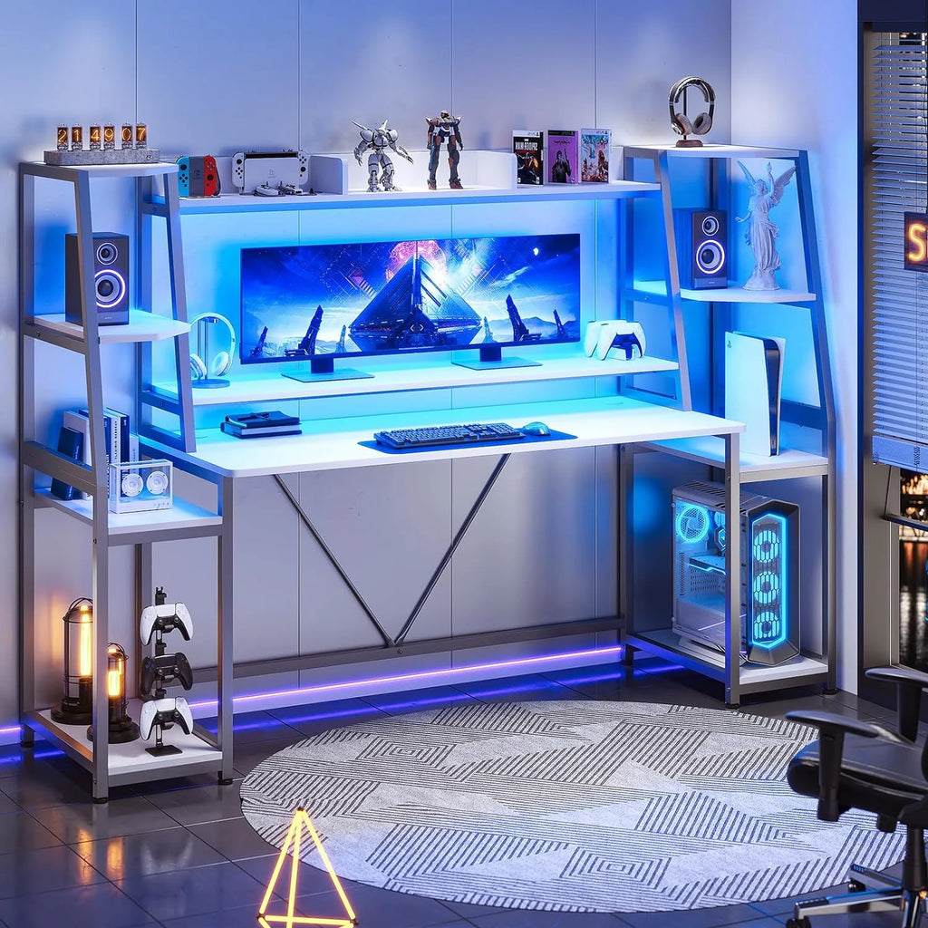 Elevate Your Gaming Experience with the 78.8 Inches White Gaming Desk - Complete with LED Lights, Hutch, and Spacious Storage Shelves