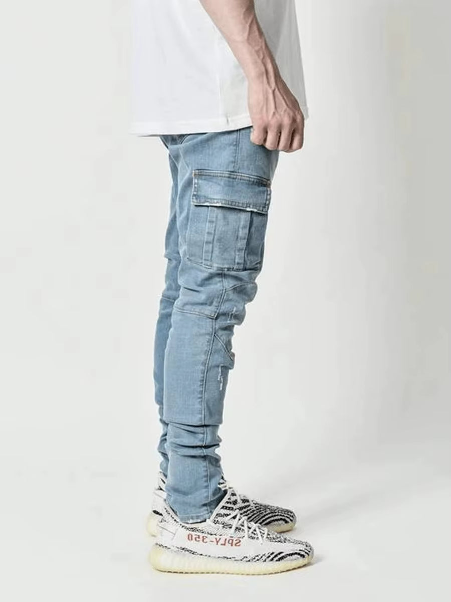 New Jeans Men Pants Wash Solid Color Multi Pockets Denim Mid Waist Cargo Jeans plus Size Fahsion Casual Trousers Male Daily Wear