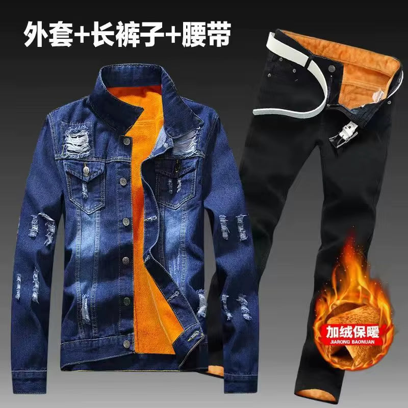 Autumn Winter Men'S Jeans Sets Simple Blue Long Sleeve Fleece Jacket and Jeans Two Piece Casual Denim Suit Free Send Belt