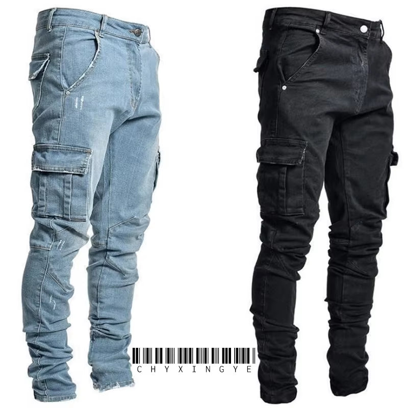 New Jeans Men Pants Wash Solid Color Multi Pockets Denim Mid Waist Cargo Jeans plus Size Fahsion Casual Trousers Male Daily Wear