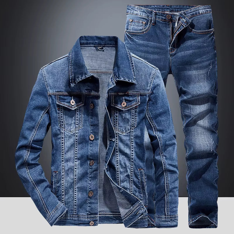 Spring Autumn Denim Suit Men'S Slim Micro-Stretch Two-Piece Spring and Autumn Jacket Jeans