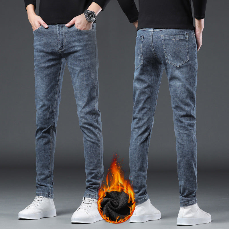 Denim Men'S Straight Loose Day System plus Fleece Casual Long Pants
