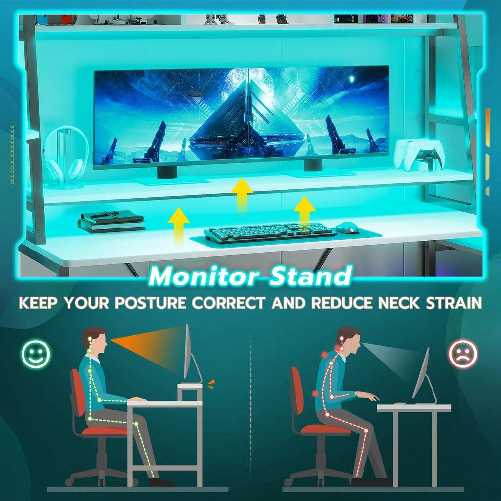 Elevate Your Gaming Experience with the 78.8 Inches White Gaming Desk - Complete with LED Lights, Hutch, and Spacious Storage Shelves