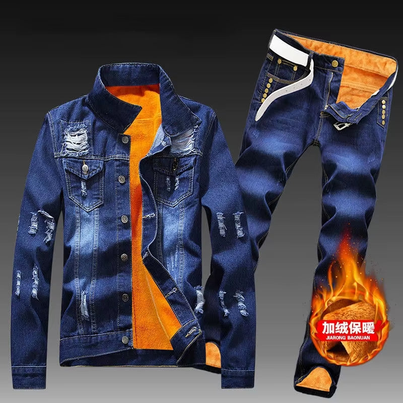 Autumn Winter Men'S Jeans Sets Simple Blue Long Sleeve Fleece Jacket and Jeans Two Piece Casual Denim Suit Free Send Belt
