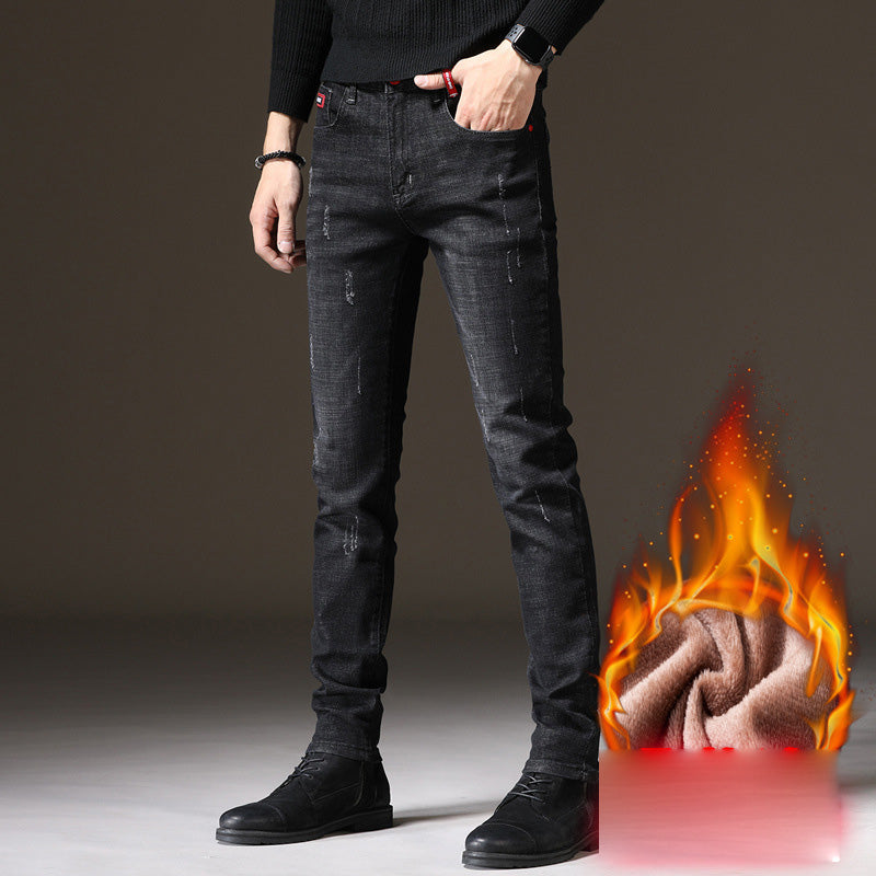 Denim Men'S Straight Loose Day System plus Fleece Casual Long Pants