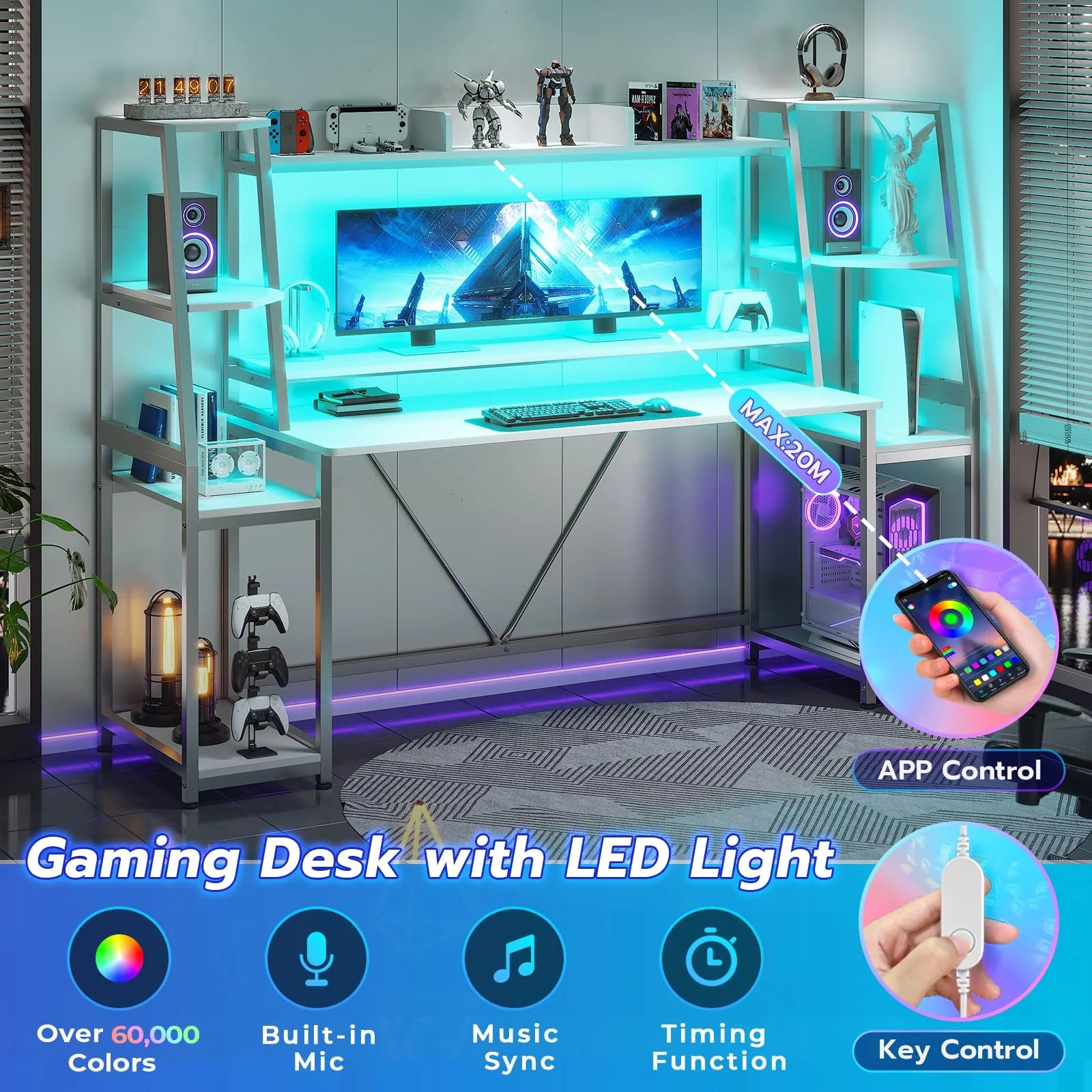 Elevate Your Gaming Experience with the 78.8 Inches White Gaming Desk - Complete with LED Lights, Hutch, and Spacious Storage Shelves