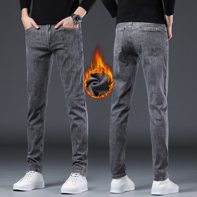 Denim Men'S Straight Loose Day System plus Fleece Casual Long Pants