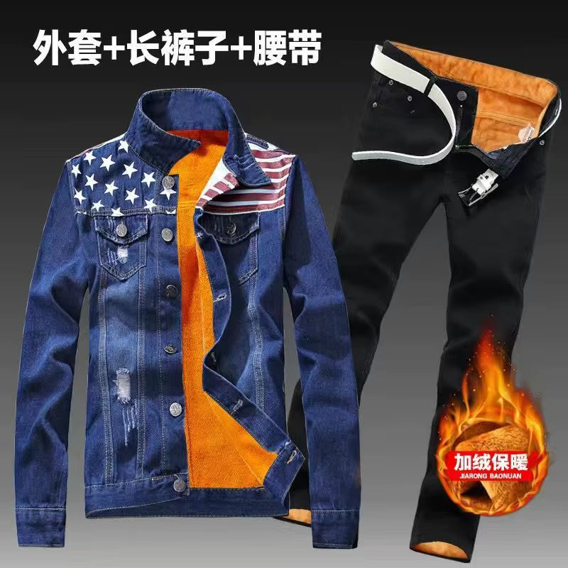 Autumn Winter Men'S Jeans Sets Simple Blue Long Sleeve Fleece Jacket and Jeans Two Piece Casual Denim Suit Free Send Belt