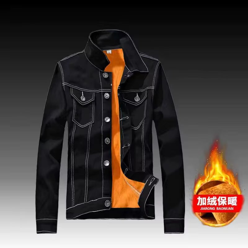 Autumn Winter Men'S Jeans Sets Simple Blue Long Sleeve Fleece Jacket and Jeans Two Piece Casual Denim Suit Free Send Belt