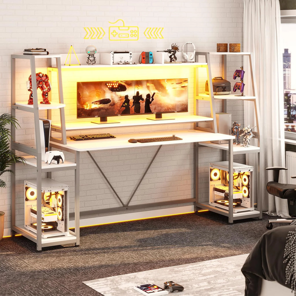 Elevate Your Gaming Experience with the 78.8 Inches White Gaming Desk - Complete with LED Lights, Hutch, and Spacious Storage Shelves