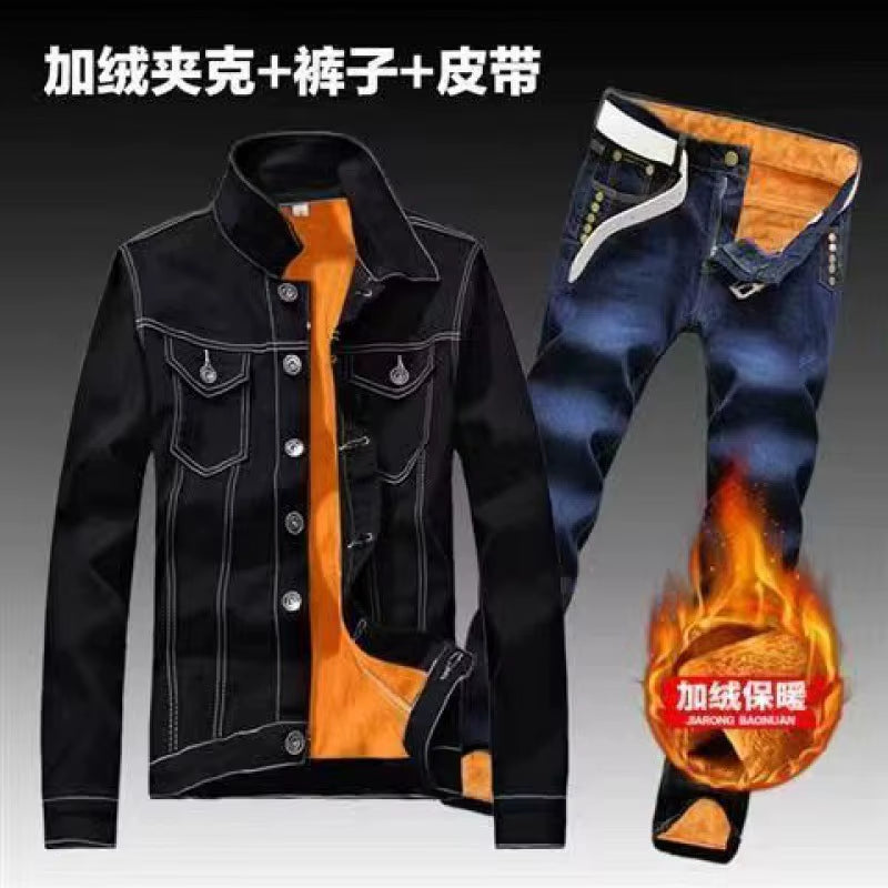 Autumn Winter Men'S Jeans Sets Simple Blue Long Sleeve Fleece Jacket and Jeans Two Piece Casual Denim Suit Free Send Belt